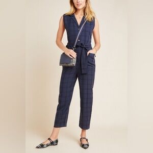 Anthropologie Brielle Navy‎ Plaid Button Up Cropped Jumpsuit, Size Small NWT